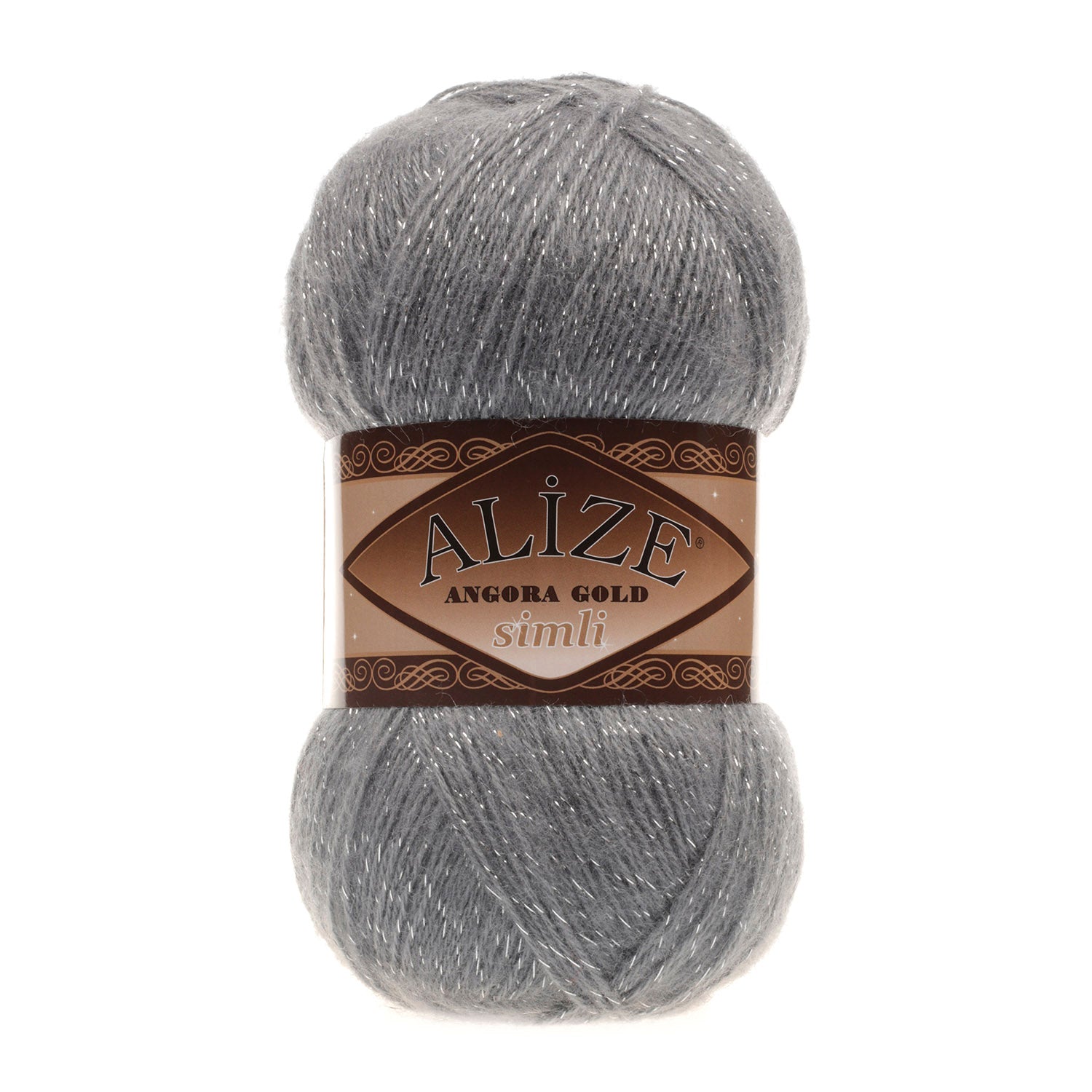 Zu sehen ist Alize Angora Gold Simli Wolle in einem tiefen, rauchigen Dunkelgrau mit leichtem, elegantem Glanz durch feine metallische Fäden. Das weiche, flauschige Strickgarn eignet sich ideal für Pullover, Schals und vielseitige Handarbeitsprojekte.

