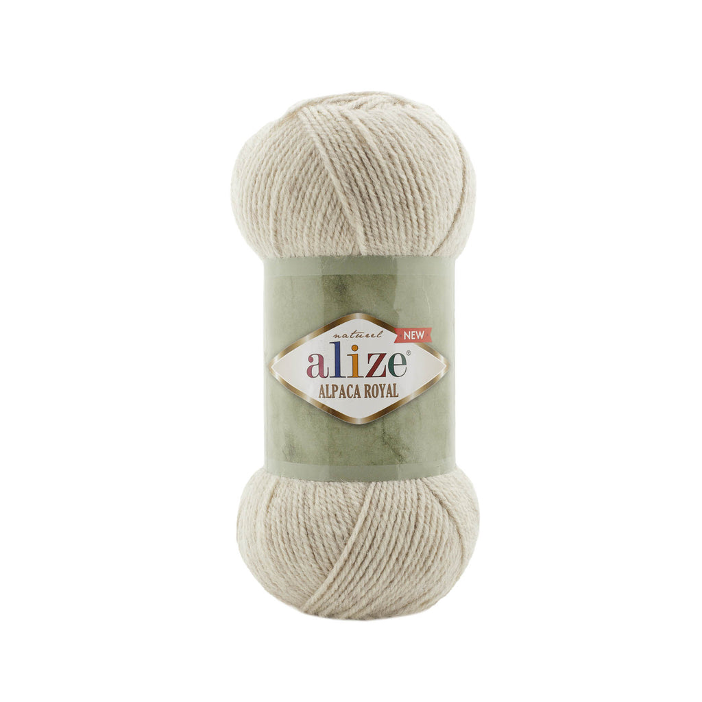 Zu sehen ist Alize Alpaca Royal Wolle in einem hellen, melierten Beige‑Ton mit weichen, neutralen Untertönen; ein weiches, leicht flauschiges Garn mit edlem Alpaka‑Anteil, ideal für Pullover, Schals und elegante, vielseitige Handarbeitsprojekte.
