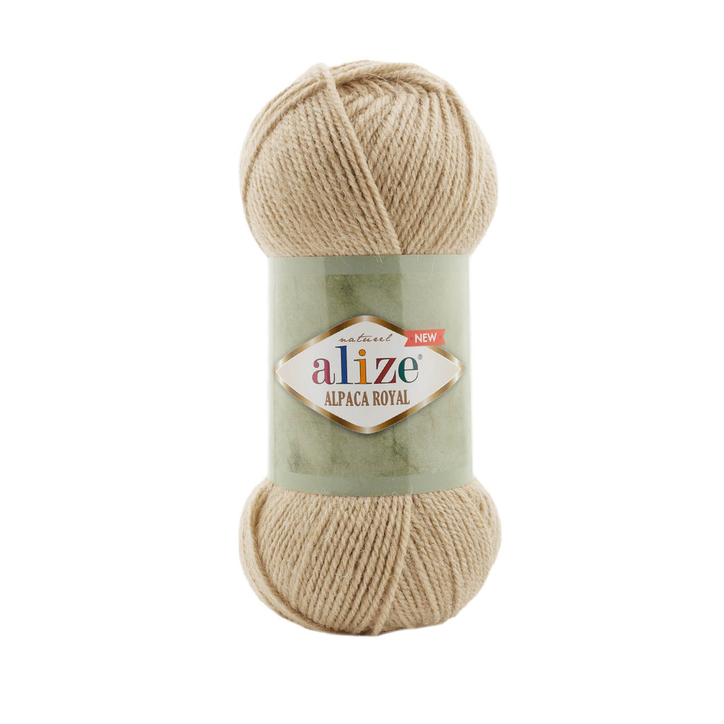 Zu sehen ist Alize Alpaca Royal Wolle in einem warmen, hellen Braun‑Beige‑Ton mit natürlichem, leicht erdigen Unterton; ein weiches, leicht flauschiges Garn mit edlem Alpaka‑Anteil, ideal für Pullover, Schals und warme, klassische Handarbeitsprojekte.