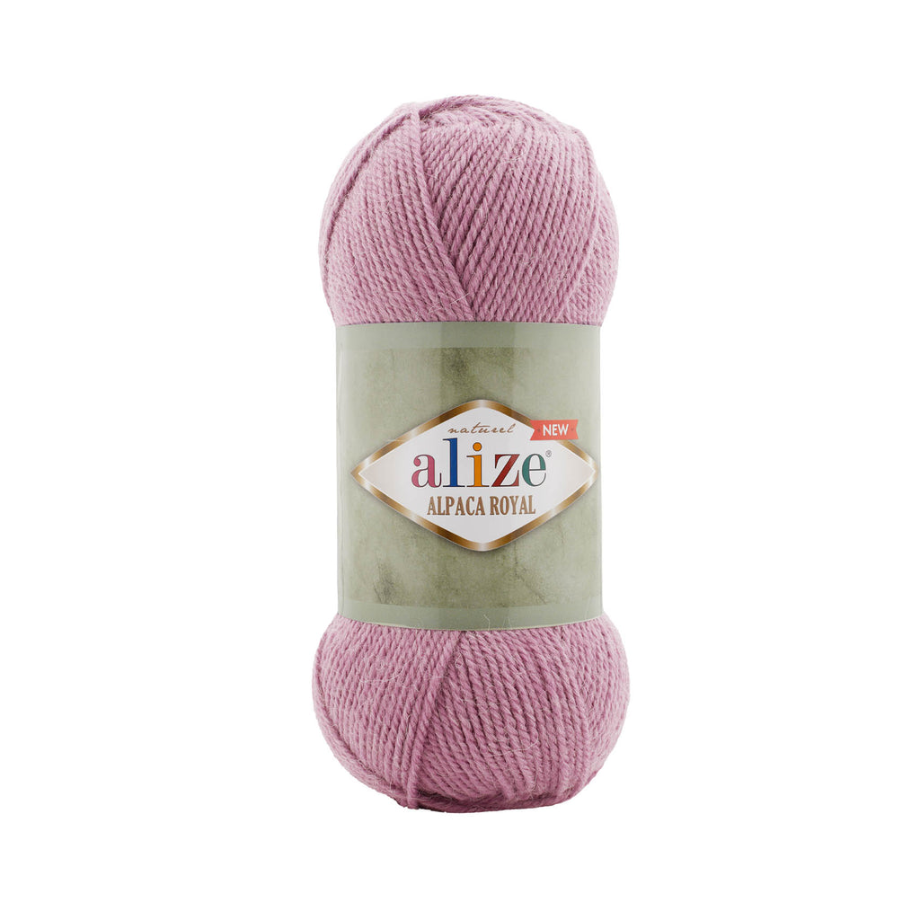 Zu sehen ist Alize Alpaca Royal Wolle in einem weichen, rauchigen Rosaton mit dezenten, natürlichen Melange‑Nuancen; ein weiches, leicht flauschiges Garn mit edlem Alpaka‑Anteil, ideal für Pullover, Schals und zarte, feminine Handarbeitsprojekte.