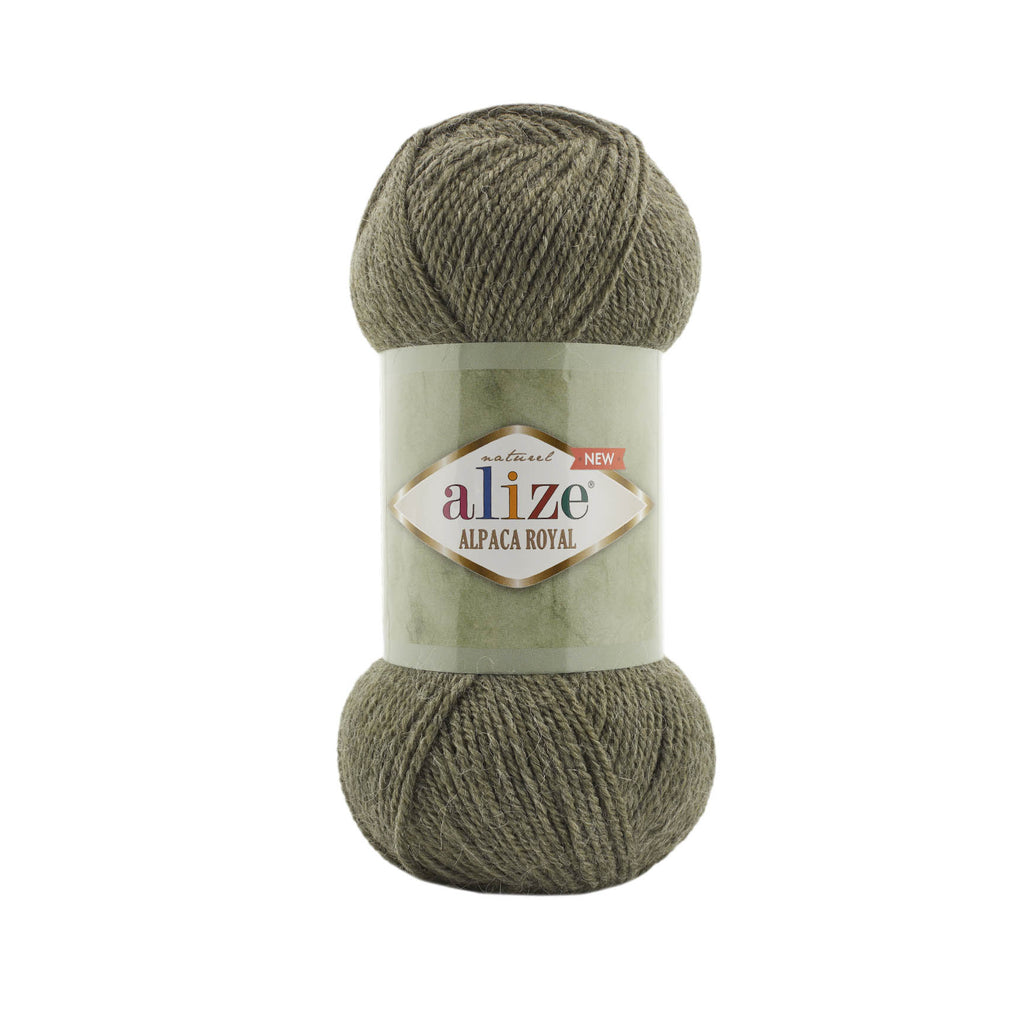 Zu sehen ist Alize Alpaca Royal Wolle in einem warmen, melierten Grün‑Haki‑Ton mit natürlichem, leicht erdigen Unterton; ein weiches, leicht flauschiges Garn mit edlem Alpaka‑Anteil, ideal für Pullover, Schals und gemütliche, zeitlose Handarbeitsprojekte.