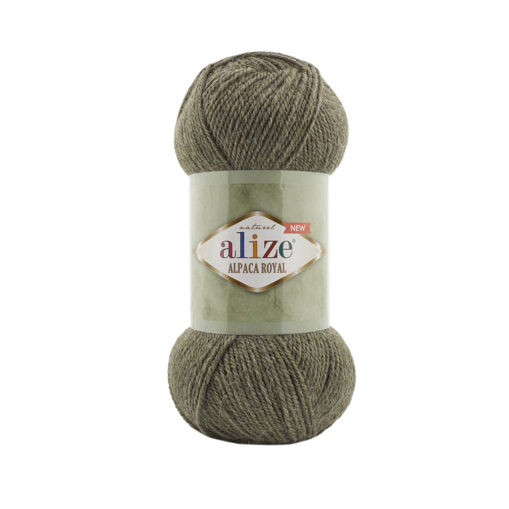 Zu sehen ist Alize Alpaca Royal Wolle in einem warmen, melierten Grün‑Haki‑Ton mit natürlichem, leicht erdigen Unterton; ein weiches, leicht flauschiges Garn mit edlem Alpaka‑Anteil, ideal für Pullover, Schals und gemütliche, zeitlose Handarbeitsprojekte.