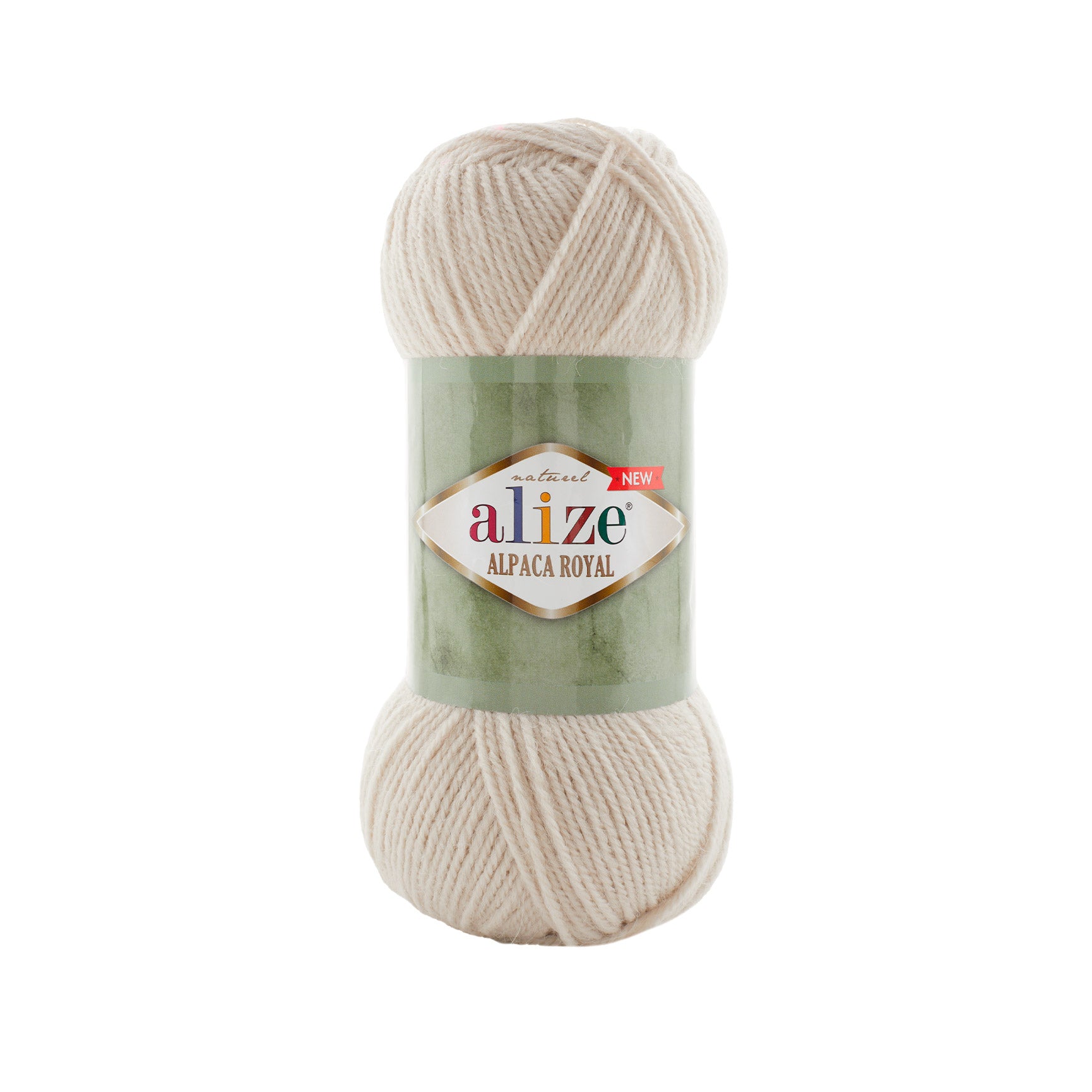 Zu sehen ist Alize Alpaca Royal Wolle in einem hellen, warmen Cremeton mit leicht gelblich-beigem Unterton; ein besonders weiches, flauschiges Garn mit edlem Alpaka-Anteil, ideal für Pullover, Schals und elegante Strickprojekte.