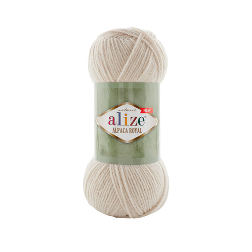 Zu sehen ist Alize Alpaca Royal Wolle in einem hellen, warmen Cremeton mit leicht gelblich-beigem Unterton; ein besonders weiches, flauschiges Garn mit edlem Alpaka-Anteil, ideal für Pullover, Schals und elegante Strickprojekte.