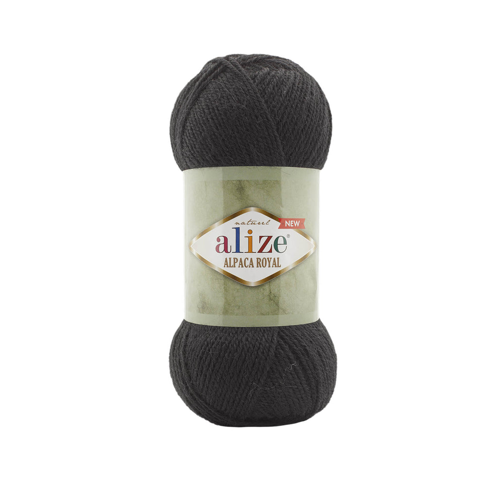 Zu sehen ist Alize Alpaca Royal Wolle in einem satten Schwarz; ein weiches, leicht flauschiges Garn mit edlem Alpaka‑Anteil, ideal für Pullover, Schals und klassische, elegante Handarbeitsprojekte.