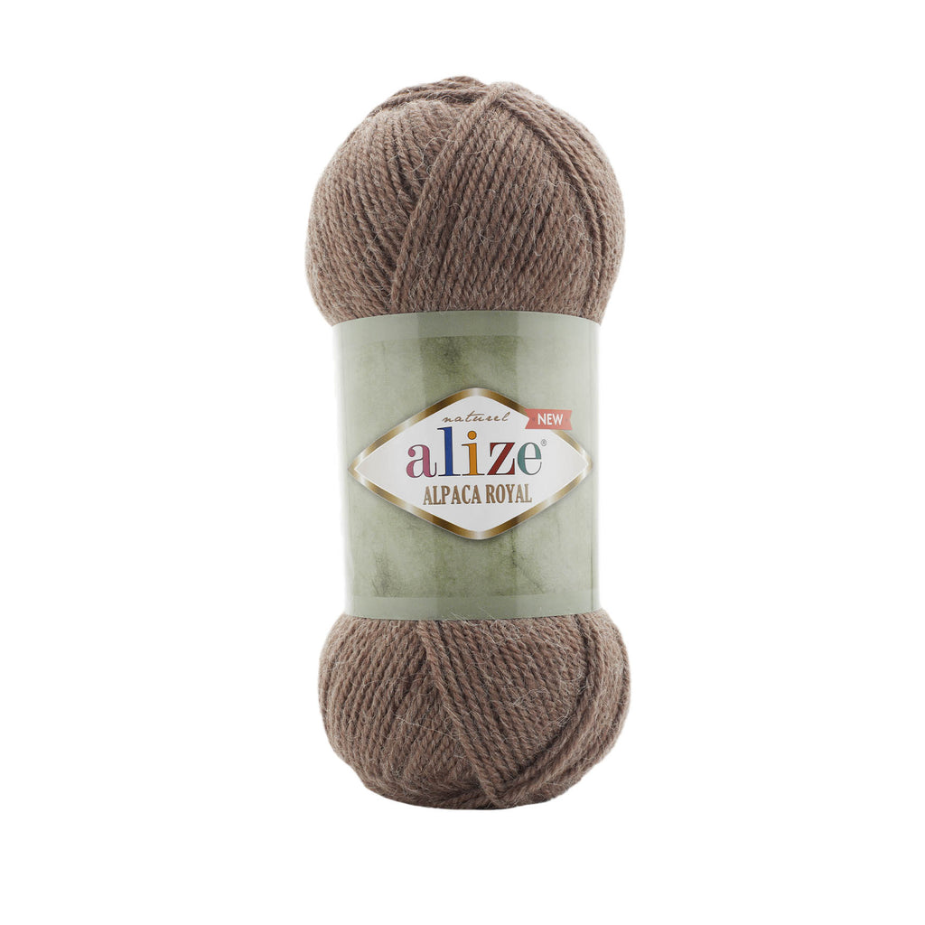 Zu sehen ist Alize Alpaca Royal Wolle in einem warmen milchig‑braunen Ton mit leicht melierten, natürlichen Untertönen; ein weiches, leicht flauschiges Garn mit edlem Alpaka‑Anteil, ideal für Pullover, Schals und gemütliche, klassische Handarbeitsprojekte.