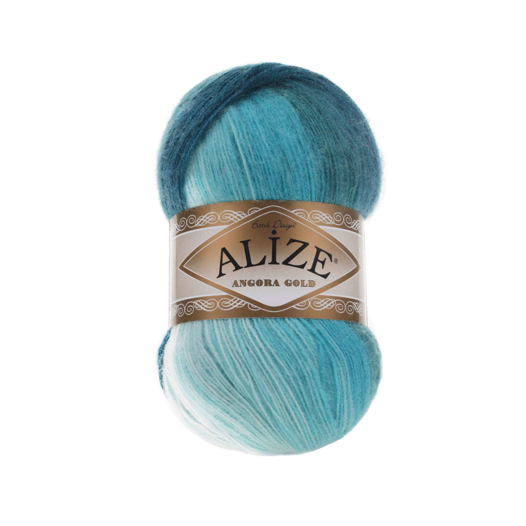 Zu sehen ist Alize Angora Gold Batik Wolle mit harmonischem Farbverlauf in Blau-, Türkis- und Babyblautönen; weiches, leicht flauschiges Strickgarn, ideal für Pullover, Schals und kreative Handarbeitsprojekte.