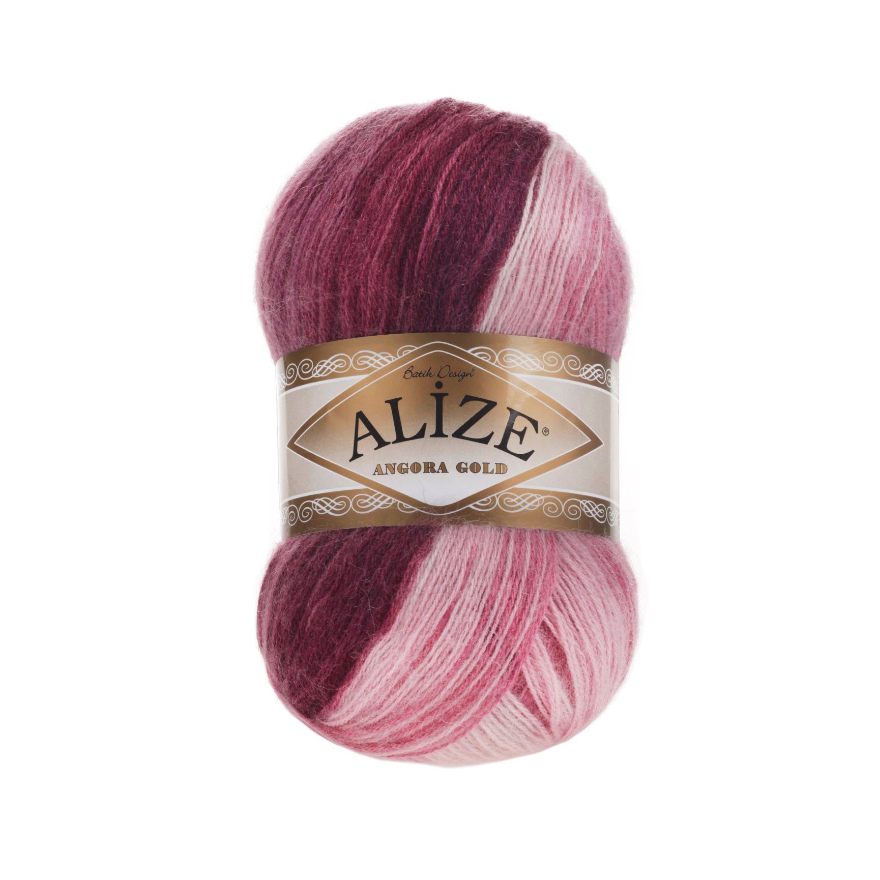 Zu sehen ist Alize Angora Gold Batik Wolle mit harmonischem Farbverlauf in Rosa-, Pink-, leicht Rottönen und Bordo; weiches, leicht flauschiges Strickgarn, ideal für Pullover, Schals und kreative Handarbeitsprojekte.