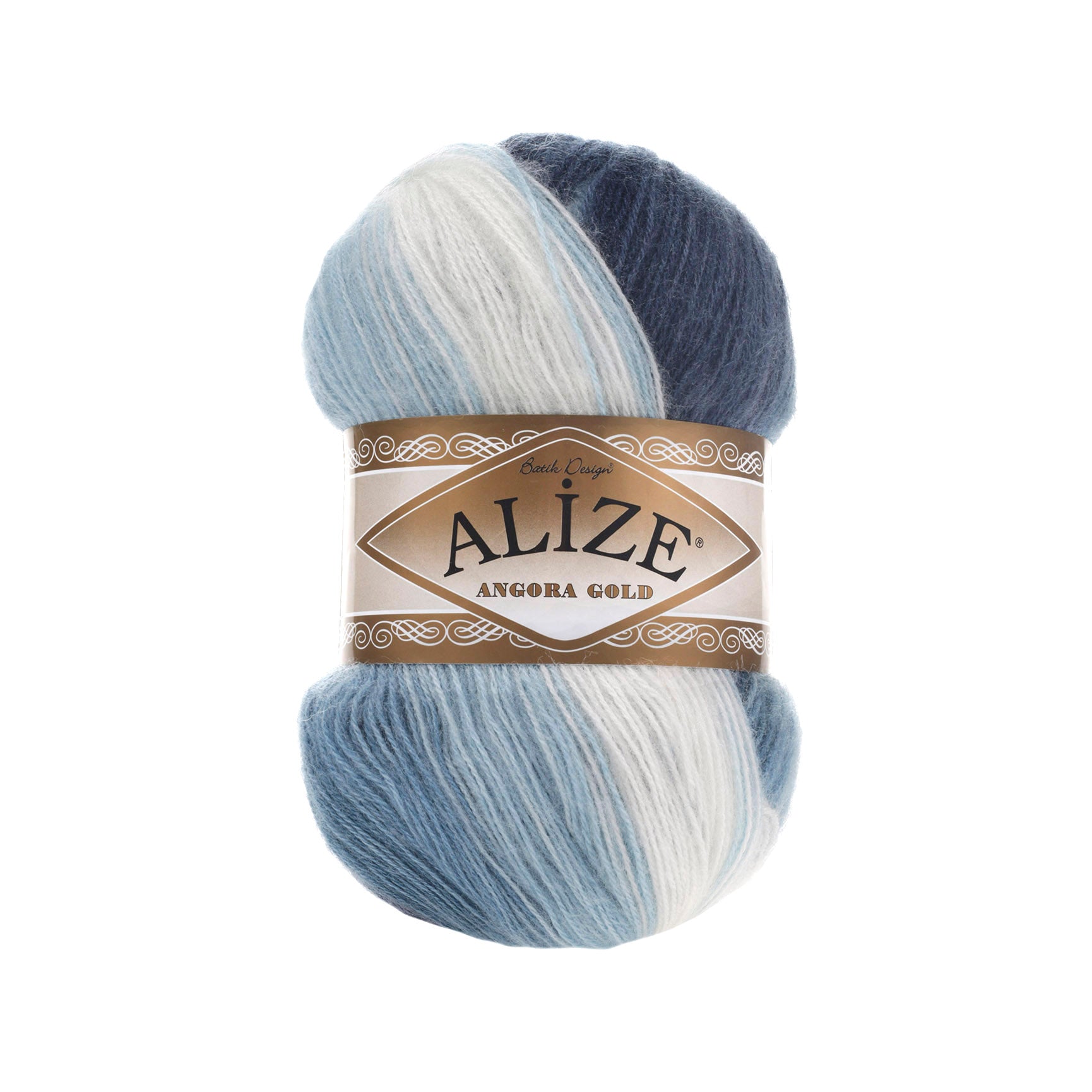 Zu sehen ist Alize Angora Gold Batik Wolle mit harmonischem Farbverlauf in Weiß-, Babyblau-, Blau- und Dunkelblautönen; weiches, leicht flauschiges Strickgarn, ideal für Pullover, Schals und kreative Handarbeitsprojekte.