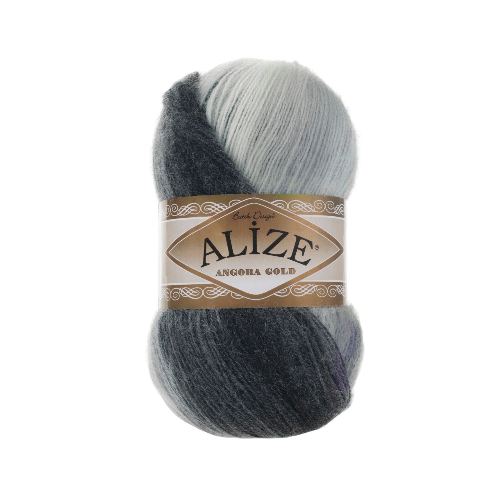 Zu sehen ist Alize Angora Gold Batik Wolle mit harmonischem Farbverlauf in Grau-, Schwarz- und Weißtönen; weiches, leicht flauschiges Strickgarn, ideal für Pullover, Schals und kreative Handarbeitsprojekte.