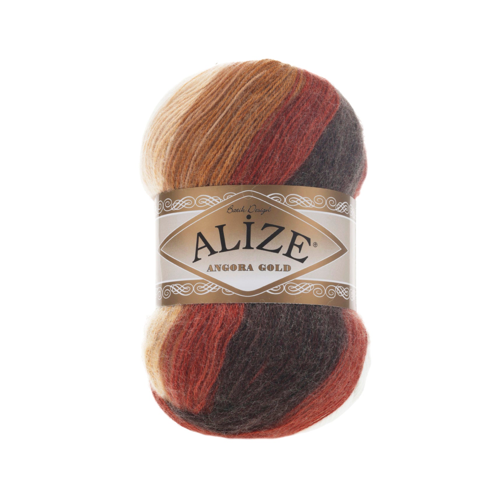 Zu sehen ist Alize Angora Gold Batik Wolle mit harmonischem Farbverlauf in Beige-, Braun-, Rot- und Schwarztönen; weiches, leicht flauschiges Strickgarn, ideal für Pullover, Schals und kreative Handarbeitsprojekte.