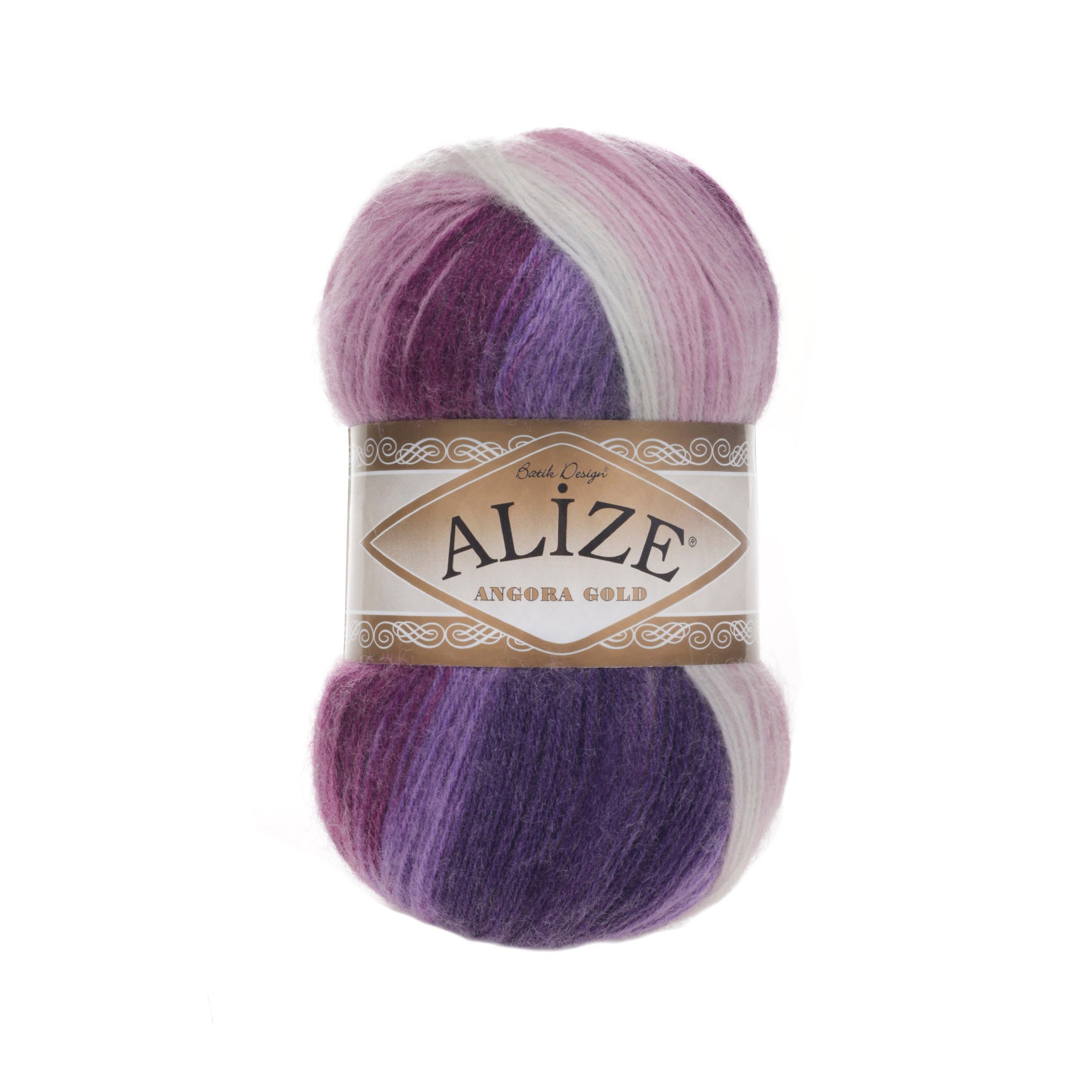 Zu sehen ist Alize Angora Gold Batik Wolle mit harmonischem Farbverlauf in Weiß-, Rosa-, Pink-, Violett- und Dunkellilatönen; weiches, leicht flauschiges Strickgarn, ideal für Pullover, Schals und kreative Handarbeitsprojekte.