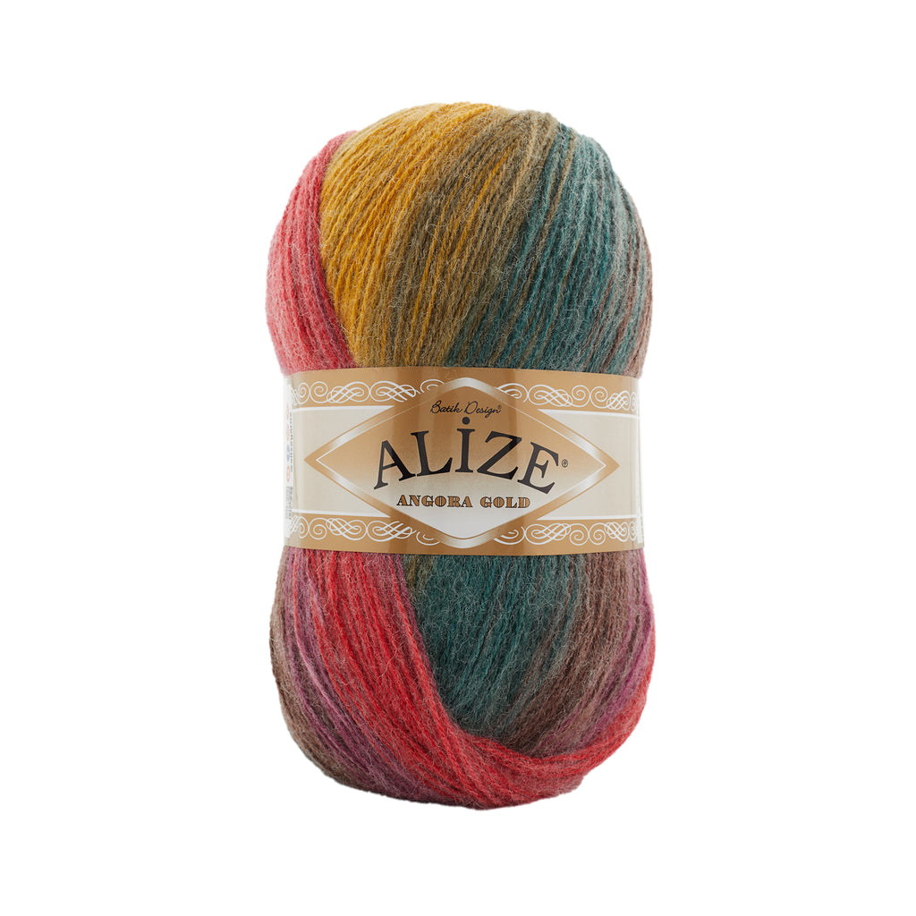 Zu sehen ist Alize Angora Gold Batik Wolle mit harmonischem Farbverlauf in Gelb-, Braun-, Blau- und Rottönen; weiches, leicht flauschiges Strickgarn, ideal für Pullover, Schals und kreative Handarbeitsprojekte.