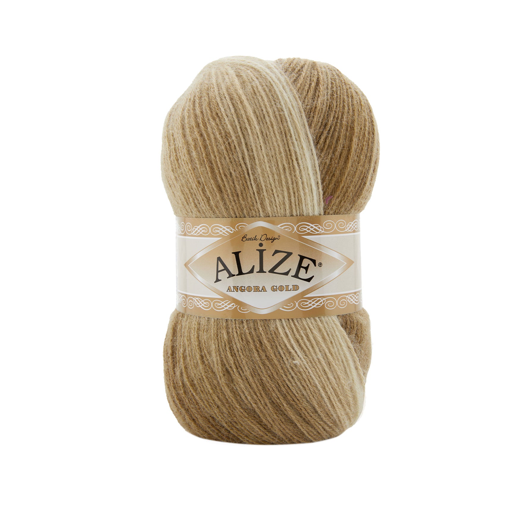 Zu sehen ist Alize Angora Gold Batik Wolle mit harmonischem Farbverlauf in warmen Braun‑ und Beigetönen; weiches, leicht flauschiges Strickgarn, ideal für Pullover, Schals und kreative Handarbeitsprojekte.