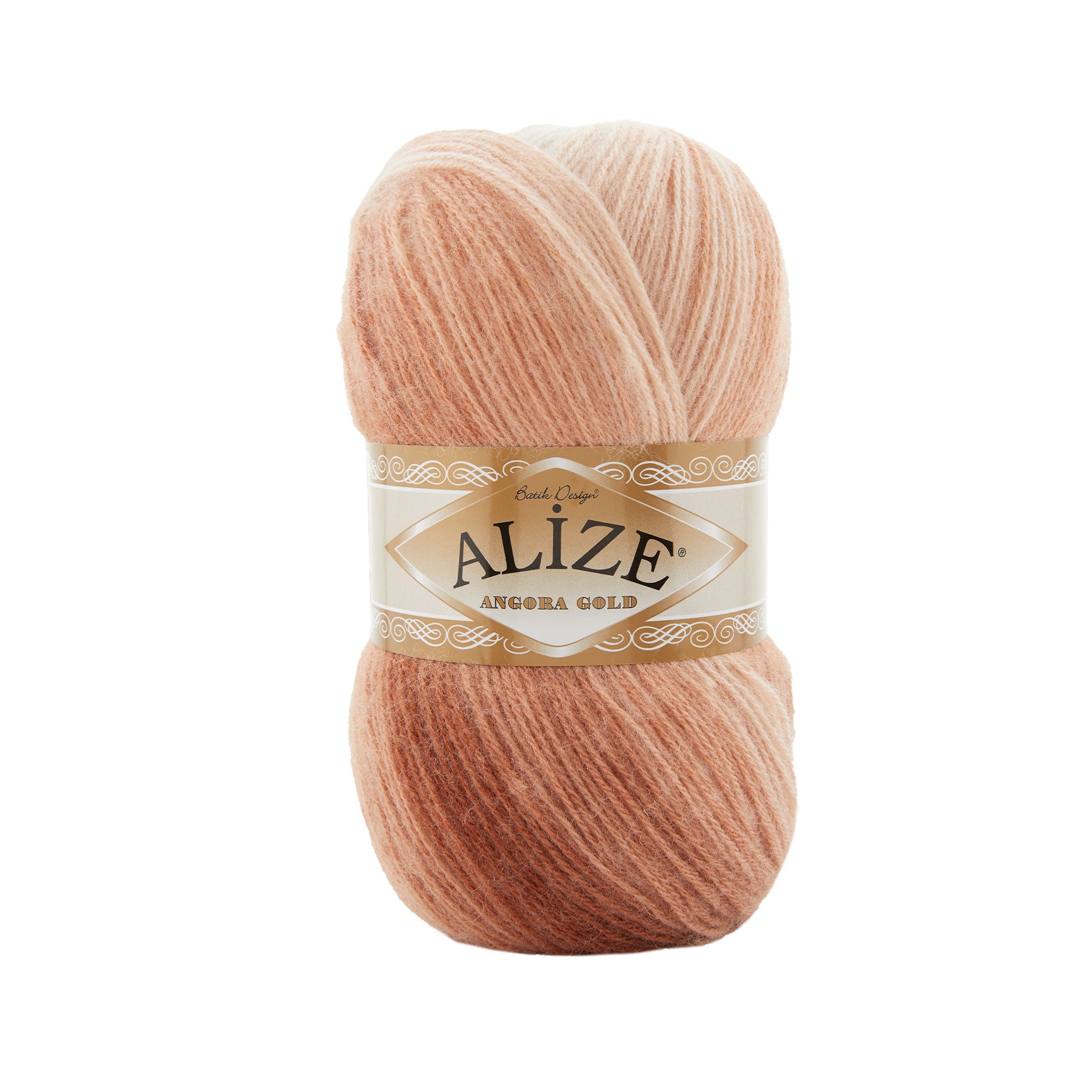 Zu sehen ist Alize Angora Gold Batik Wolle mit harmonischem Farbverlauf in Rosa-, Peach- und Rottönen; weiches, leicht flauschiges Strickgarn, ideal für Pullover, Schals und kreative Handarbeitsprojekte.
