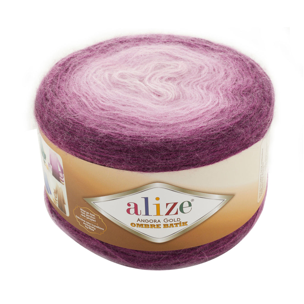 Zu sehen ist Alize Angora Gold Ombre Batik Wolle mit Farbverlauf in Rosa- und Pinktönen, weiches Strickgarn für Pullover und Schals.