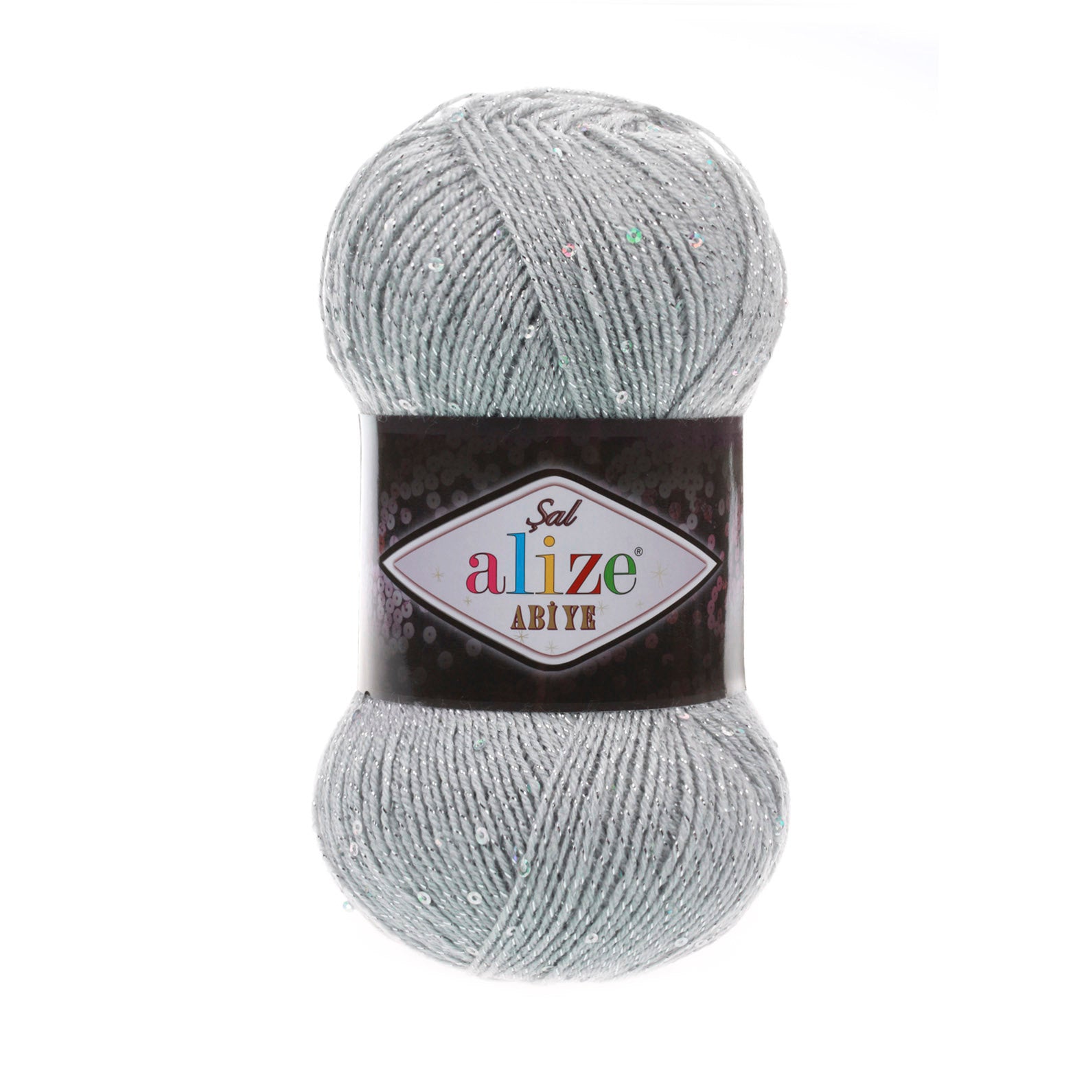 Zu sehen ist Alize Sal Abiye Wolle in einem mittleren Grau mit funkelndem Schimmer und Pailletten; ein leicht glitzerndes Garn mit Metallic‑Effekt, ideal für elegante Schals, Accessoires und besondere Handarbeitsprojekte.