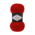 Zu sehen ist Alize Sal Abiye Wolle in einem kräftigen, glänzenden Rotton mit funkelnden Pailletten und Metallic‑Effekt; ein weiches, leicht schimmerndes Garn, ideal für Schals, Accessoires und elegante Handarbeitsprojekte.