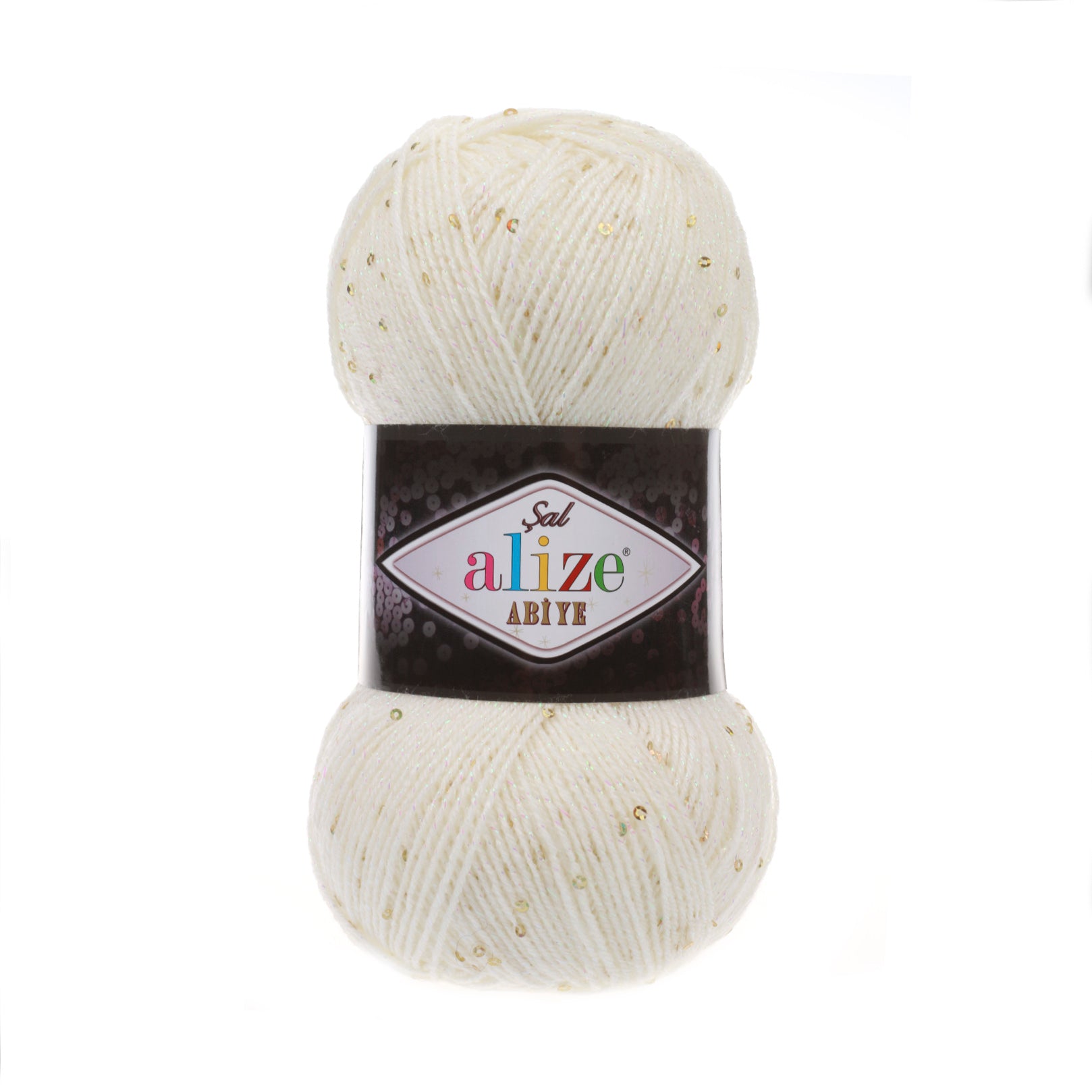 Zu sehen ist Alize Sal Abiye Wolle in einem warmen Creme‑Ton mit funkelndem Schimmer und Pailletten; ein leicht glitzerndes Garn mit Metallic‑Effekt, ideal für elegante Schals, Accessoires und besondere Handarbeitsprojekte.