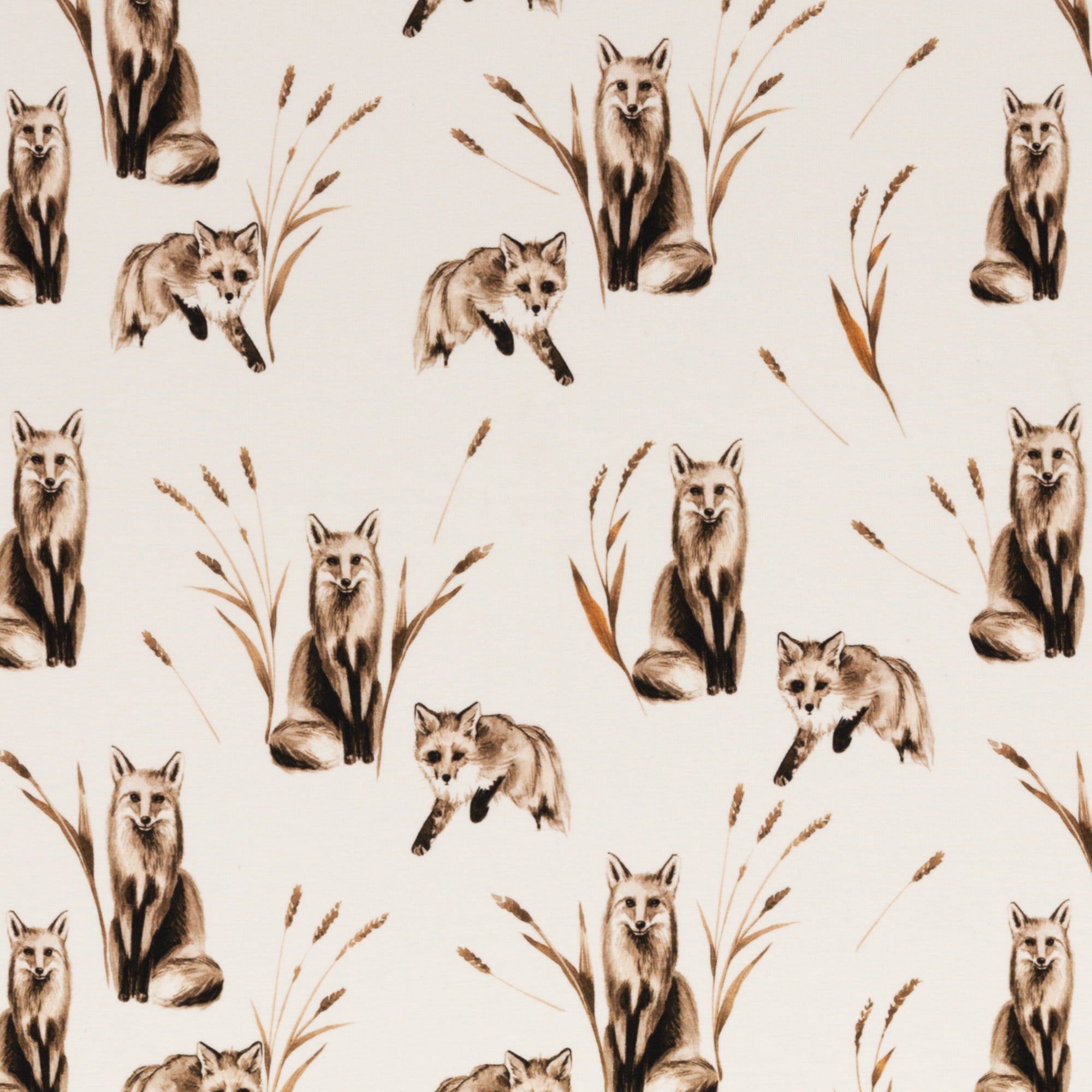 Zu sehen ist weißer Baumwolljersey mit Fuchs- und Waldmotiven, elastisch und ideal für Kinderkleidung und DIY-Nähprojekte.