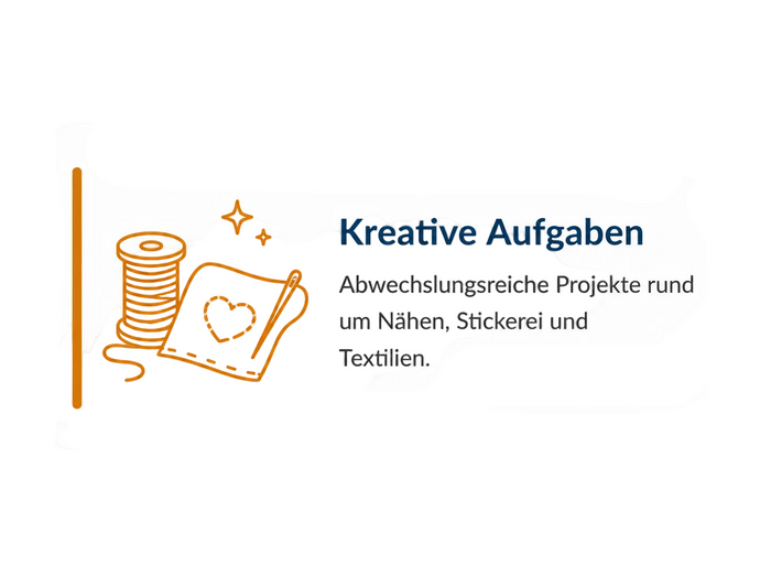 Benefit-Kachel mit dem Titel „Kreative Aufgaben“, einem Symbol mit Garnspule, Stoff und Nadel sowie dem Text: „Abwechslungsreiche Projekte rund um Nähen, Stickerei und Textilien.“