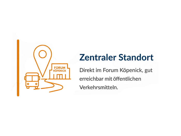 Benefit-Kachel mit dem Titel „Zentraler Standort“, einem Symbol mit Standortmarkierung, Bus und Forum Köpenick sowie dem Text: „Direkt im Forum Köpenick, gut erreichbar mit öffentlichen Verkehrsmitteln.“