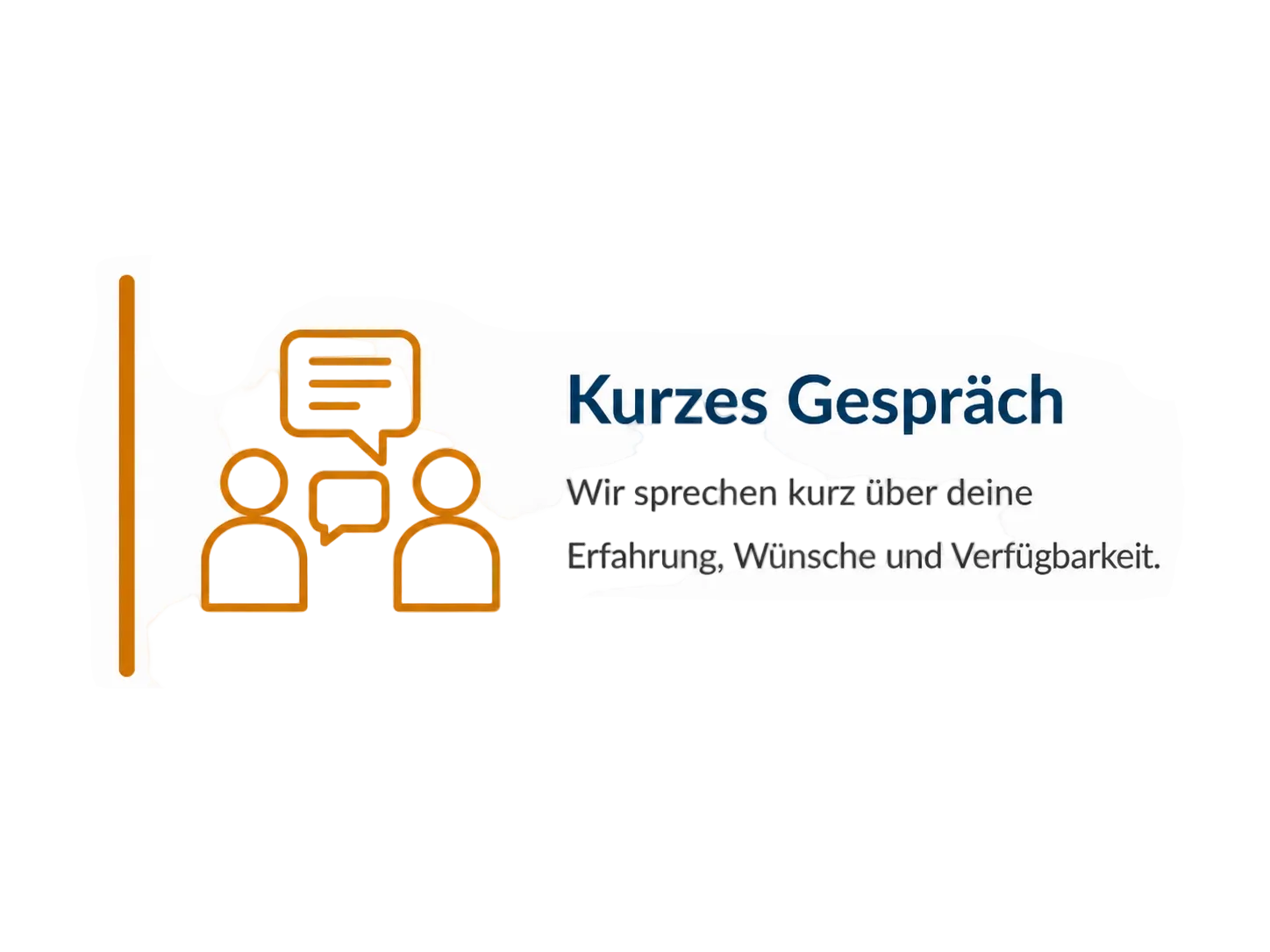 Kachel zum Bewerbungsablauf mit dem Titel „Kurzes Gespräch“, einem gold-orangen Symbol für zwei Personen im Austausch sowie dem Text: „Wir sprechen kurz über deine Erfahrung, Wünsche und Verfügbarkeit.“