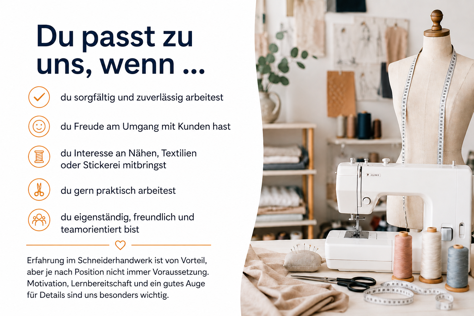 Infografik für die Jobseite von Näh & Stick Atelier mit der Überschrift „Du passt zu uns, wenn …“. Links stehen wichtige Eigenschaften wie sorgfältiges Arbeiten, Freude am Kundenkontakt, Interesse an Nähen und Textilien sowie teamorientiertes Arbeiten. Rechts ist ein heller Näharbeitsplatz mit Schneiderbüste, Nähmaschine und Nähzubehör zu sehen.