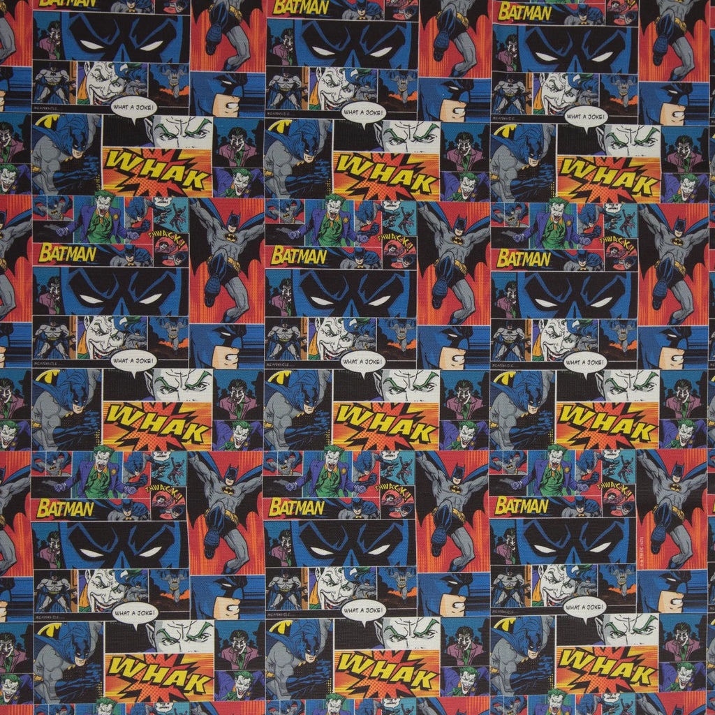 Zu sehen ist ein Batman Canvas Stoff mit auffälligem Comic-Design, ideal für kreative Nähprojekte, Taschen, Kissen und Fan-Deko.