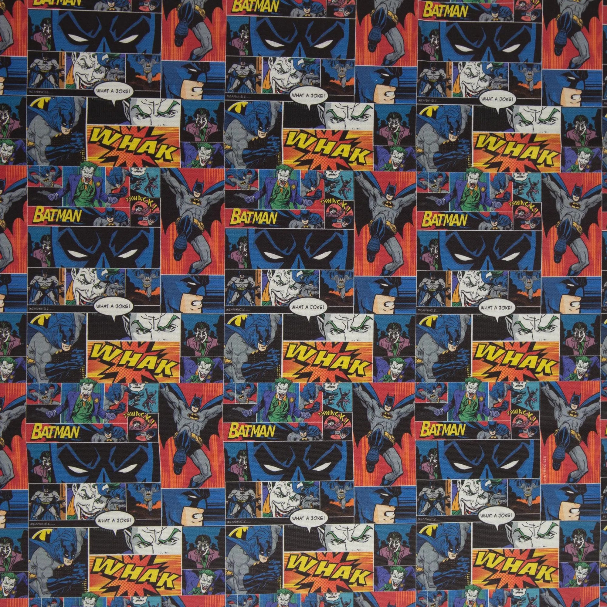 Zu sehen ist ein Batman Canvas Stoff mit auffälligem Comic-Design, ideal für kreative Nähprojekte, Taschen, Kissen und Fan-Deko.