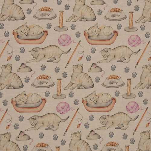 Zu sehen ist ein robuster Baumwollstoff mit verspielten Katzenmotiven in Natur-, Braun- und Beigetönen für kreative Nähideen.