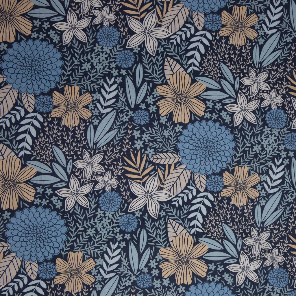 Zu sehen ist ein blauer Canvas Stoff mit elegantem Blumenmuster, ideal für Taschen, Kissen, Deko und kreative DIY-Projekte.