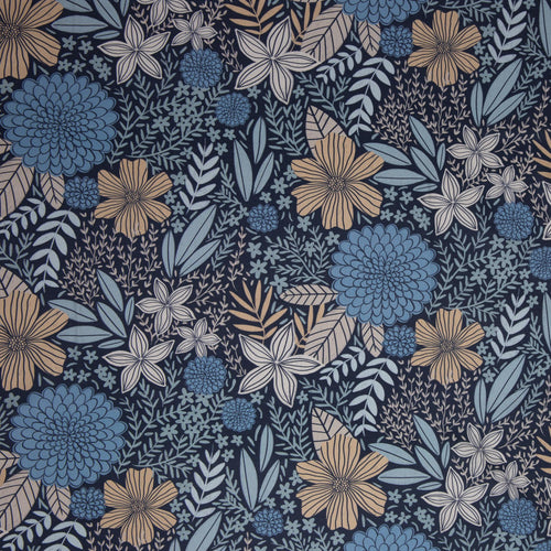 Zu sehen ist ein blauer Canvas Stoff mit elegantem Blumenmuster, ideal für Taschen, Kissen, Deko und kreative DIY-Projekte.