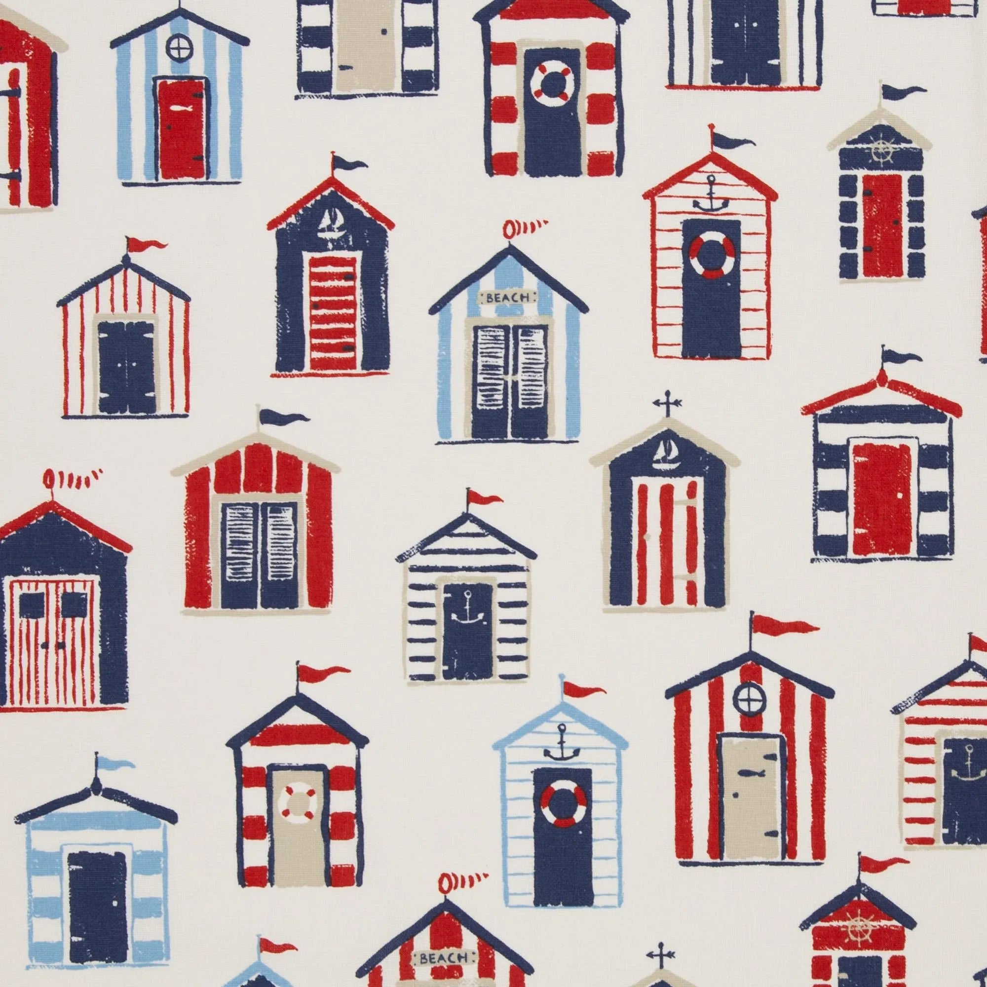 Zu sehen ist ein Canvas Stoff mit Strandhäusern im maritimen Design, ideal für sommerliche Deko, Taschen, Kissen und DIY-Projekte.