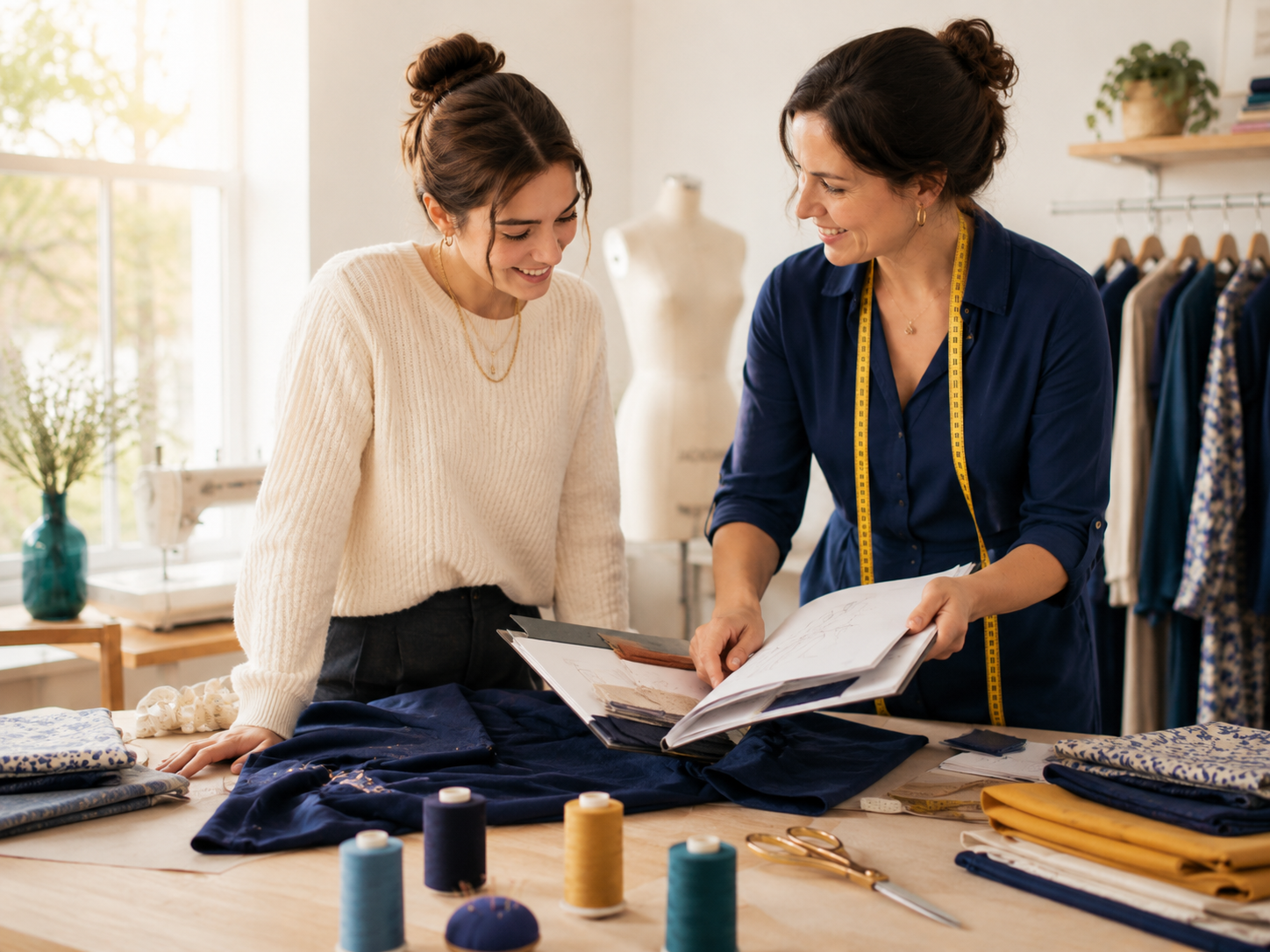 Zwei Frauen besprechen in einem hellen Nähatelier Stoffe, Unterlagen und Gestaltungsideen an einem Arbeitstisch. Im Vordergrund liegen Garnrollen, Schere und Stoffe, im Hintergrund sind Schneiderbüste und Kleiderstange zu sehen.