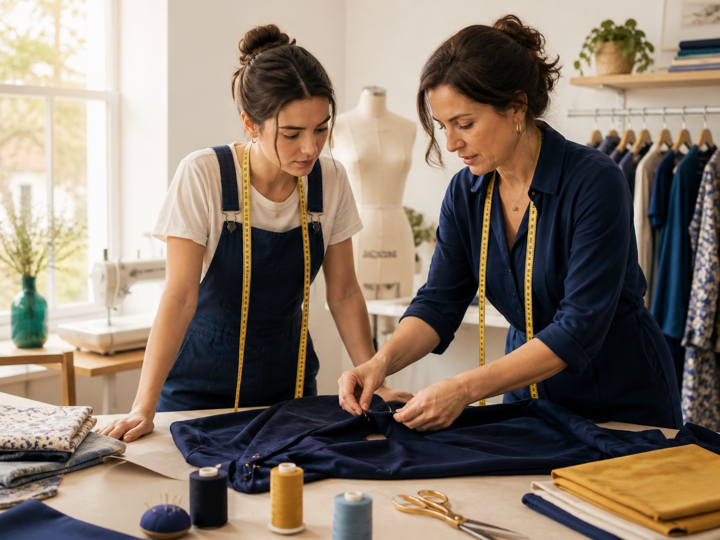 Eine erfahrene Schneiderin zeigt einer Praktikantin in einem hellen Atelier, wie ein dunkelblaues Kleidungsstück angepasst wird. Auf dem Arbeitstisch liegen Stoffe, Garnrollen, Stecknadeln, Schere und Maßband.